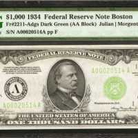 Fr. 2211-Adgs. 1934 $1000 Federal Reserve Note. Boston. PMG Gem Uncirculated 65 EPQ.