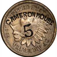 CAMERON HOUSE / 5 with an additional 5 on the reverse of an 1860 Indian cent. Brunk C-130, Rulau MV-