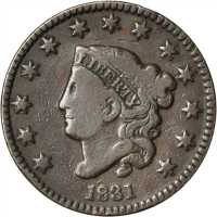 1831 Matron Head Cent. N-5. Rarity-4. Medium Letters. VG-8 Rim Bumps.