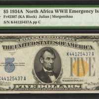 Fr. 2307. 1934A $5 North Africa Emergency Note. PMG Gem Uncirculated 66 EPQ.