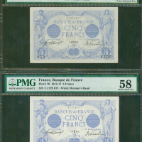1913年法国银行5法郎2枚一组，编号F.1535 及 U.1625, 分别评PMG 45及58，此对钞票发行超过100年，还保持此等品相实属难得