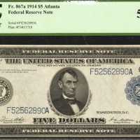 Fr. 867a. 1914 $5 Federal Reserve Note. Atlanta. PCGS About New 50 PPQ.