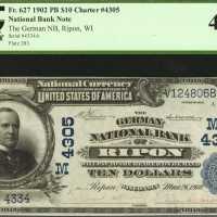Ripon, Wisconsin. $10 1902 Plain Back. Fr. 627. The German NB. Charter #4305. PCGS Extremely Fine 45