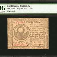 CC-70. Continental Currency. May 20, 1777. $30. PMG Choice Uncirculated 63 EPQ.