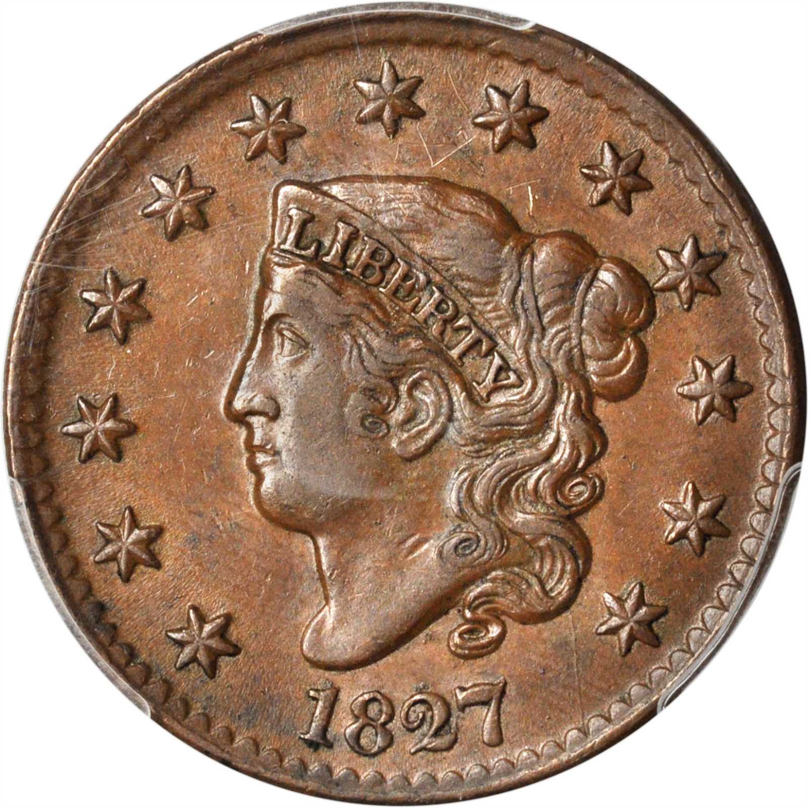 1827 Matron Head Cent. N-5. Rarity-2. AU Details--Tooled (PCGS).