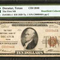 Decatur, Texas. $10 1929 Ty. 1. Fr. 1801-1. The First NB. Charter #2940. PMG Very Fine 25.