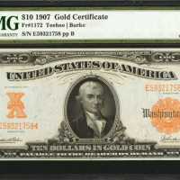 Fr. 1172. 1907 $10 Gold Certificate. PMG Choice Uncirculated 64 EPQ.