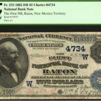 Raton, New Mexico Territory. $5 1882 Date Back. Fr. 533. The First NB. Charter #4734. PCGS Fine 15.