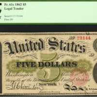 Fr. 61c. 1862 $5 Legal Tender Note. PCGS Very Fine 30.