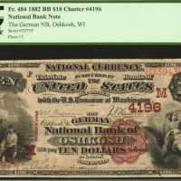 Oshkosh, Wisconsin. $10 1882 Brown Back. Fr. 484. The German NB. Charter #4196. PCGS Very Fine 20.