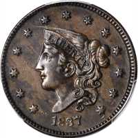 1837 Modified Matron Head Cent. N-16. Rarity-3. Plain Cords, Medium Letters. AU-55 (PCGS).