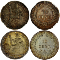 法属安南10分银币2枚一组，1885A及1899A，分别评NGC AU53及PCGS MS64