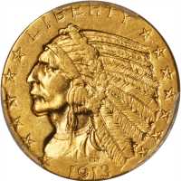 1913 Indian Half Eagle. AU-55 (PCGS).