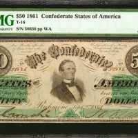 T-16. Confederate Currency. 1861 $50. PMG About Uncirculated 55.
