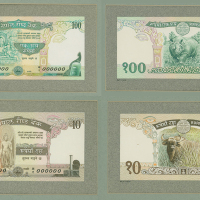 1981-87年尼泊尔中央银行德纳罗印钞公司10与100卢比手绘稿一组三册，未曾使用之设计手稿，罕见