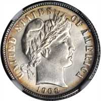 1908-O Barber Dime. MS-64 (NGC).