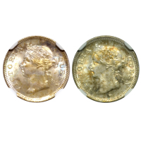 1900年香港五仙银币，KM 5，NGC MS63；1899年香港五仙银币，KM 5，NGC MS63。共2枚