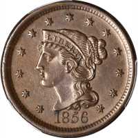 1856 Braided Hair Cent. N-2. Rarity-1. Slanting 5. MS-63 BN (PCGS).