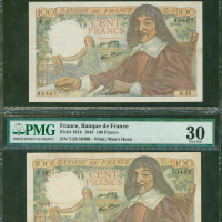 1943年法国银行100法郎一对，编号N.55 99607及T.58 50490, 分别评PMG35及PMG30, 此钞属此系列之第二罕见日期，任何品相都极难寻