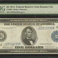 Fr. 882. 1914 $5 Federal Reserve Note. Kansas City. PMG Extremely Fine 40.