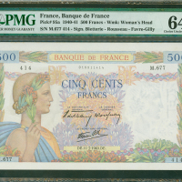 1940年法国银行500法郎，编号M.677 414, PMG 64,有针孔及轻微锈渍