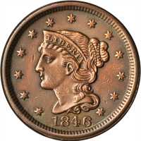 1846 Braided Hair Cent. N-18. Rarity-1. Small Date. AU-50 Cleaned.