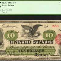 Fr. 93. 1862 $10 Legal Tender Note. PCGS Choice About New 58.