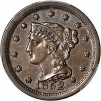 1852 Braided Hair Cent. N-12, 13. Rarity-1. MS-62 BN (PCGS).