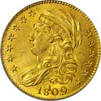 1809/8 Capped Bust Left Half Eagle. BD-1, the only known dies. Rarity-3+. MS-63 (PCGS). CAC.