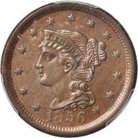 1856 Braided Hair Cent. N-10. Rarity-1. Upright 5. MS-63 BN (PCGS).