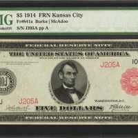 Fr. 841a. 1914 $5 Federal Reserve Note. Kansas City. Red Seal. PMG About Uncirculated 53.