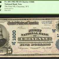 Cheyenne, Wyoming. $5 1902 Plain Back. Fr. 601. The First NB. Charter #1800. PCGS Very Fine 25.