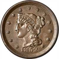 1852 Braided Hair Cent. N-12, 13. Rarity-1. MS-60 BN.