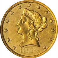 1854-O Liberty Head Eagle. Large Date. AU-55 (NGC).