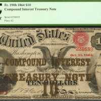 Fr. 190b. 1864 $10 Compound Interest Treasury Note. PCGS Very Fine 35. Small Edge Splits and Tears; 