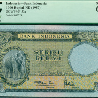 1957年印度尼西亚银行1000盾，编号RG2774, PCGS Currency 67PPQ,源出 Lim & Lim集藏