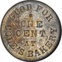 Ohio--Cincinnati. 1863 Coles Bakery. Fuld-165Z-6b. Rarity-8. Brass. 19 mm. MS-63 (NGC).