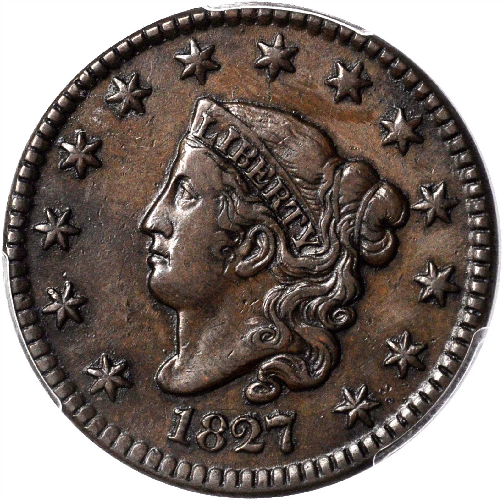 1827 Matron Head Cent. N-1. Rarity-2. EF-40 (PCGS).