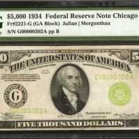 Fr. 2221-G. 1934 $5000 Federal Reserve Note. Chicago. PMG Very Fine 30 Net. Restoration.