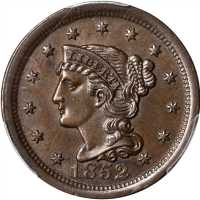 1852 Braided Hair Cent. N-14. Rarity-1. Repunched Date. AU-58 (PCGS).