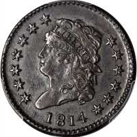 1814 Classic Head Cent. S-295. Rarity-1. Plain 4. AU-55 (PCGS).