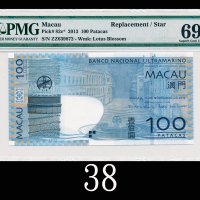 2013年澳门中国银行一佰圆，ZZ补版票EPQ69超高分2013 Macau Banco Da China 100 Patacas, s/n ZZ639872, Replacement Note. P