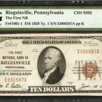 Riegelsville, Pennsylvania. $10 1929. Ty 1. Fr. 1801-1. The First NB. Charter #9202. PMG Very Fine 3