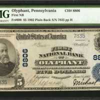 Olyphant, Pennsylvania. $5 1902 Plain Back. Fr. 600. First NB. Charter #8806. PMG Extremely Fine 40 