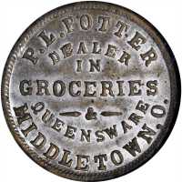 Ohio--Middletown. 1863 P.L. Potter. Fuld-555A-4i. Rarity-9. Tin-Plated. 19 mm. MS-62 (NGC).