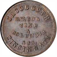Ohio--Cincinnati. 1863 Jacob Guth. Fuld-165BI-5a. Rarity-5. Copper. 19 mm. MS-64 BN (NGC).