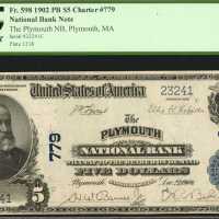 Plymouth, Massachusetts. $5 1902 Plain Back. Fr. 598. The Plymouth NB. Charter #779. PCGS About New 