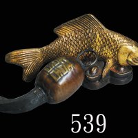民国时期铜鎏金鱼元宝摆件及黄铜双囍灯笼饰件Republic, Bronze Gilt & Copper decorations, 2pcs, 100x53mm & 78x25mm