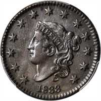1833 Matron Head Cent. N-2. Rarity-2. AU Details--Tooled (PCGS).