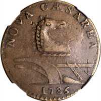 1786 New Jersey Copper. Maris 14-J, W-4810. Rarity-1. Straight Plow Beam, Stegosaurus Head. AU-50 BN
